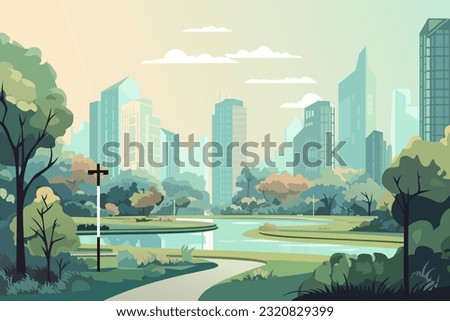 
City park with green trees, a path, a river and a lantern against the backdrop of a business center. Central Park. Landscape of a modern city park.
Natural landscape of the city and city park. Royalty-Free Stock Photo #2320829399