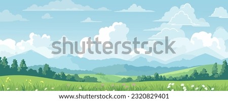 Beautiful landscape vector illustration. Stunning landscape of mountains, forests, fields and meadows. Panoramic landscape of alpine meadows against the backdrop of mountains. Landscape for printing Royalty-Free Stock Photo #2320829401