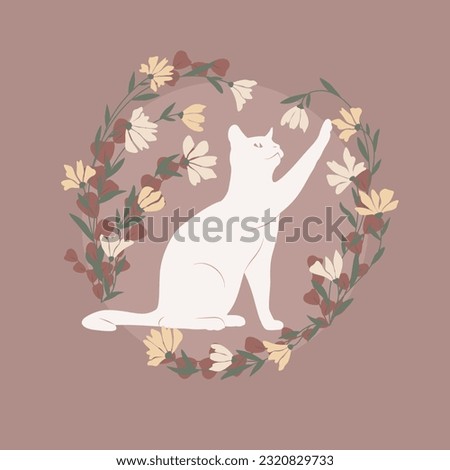Decorative vector graphic with a white cat inside a floral frame. 