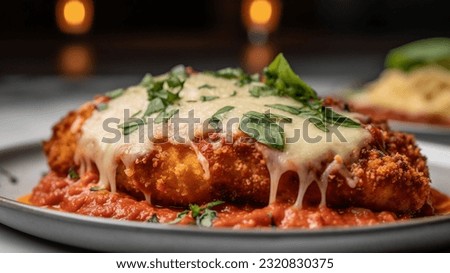 Chicken parmesan with pasta and garnishments Royalty-Free Stock Photo #2320830375