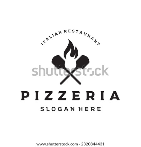 Pizza logo design with shovel and brick oven. Logo for business, restaurant, italian food.