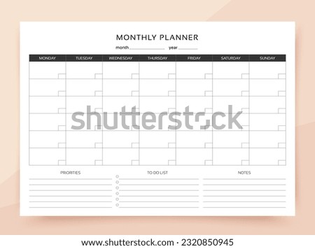 Monthly planner. Schedule for month with to do list, notes and priorities. Timetable template. Homework organizer. Simple journal page. Empty blank of diary. Vector illustration. Paper size A4.  Royalty-Free Stock Photo #2320850945