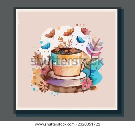 greeting card Coffee cup icon, books, autumn leaves, isolated background, cartoon. Hand-drawn flowers, clipart on a bright background, scattered watercolor, scattered watercolor, there is a shadow.