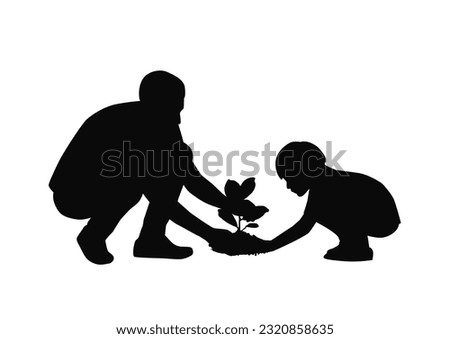 Man and kid planting tree silhouette set