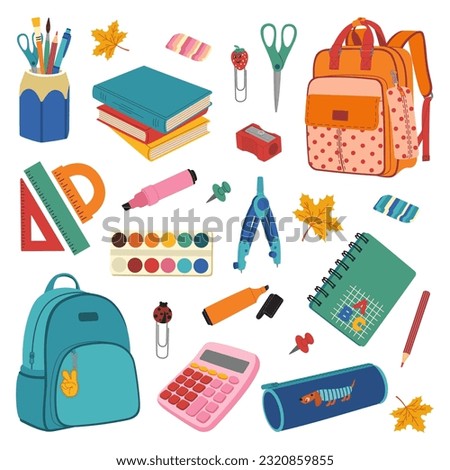 Set of school supplies. Backpacks, textbooks, calculator, pencil case, paints, pencils, markers, notebook, clip. Hand drawn vector illustration isolated on white background. Modern flat cartoon style.