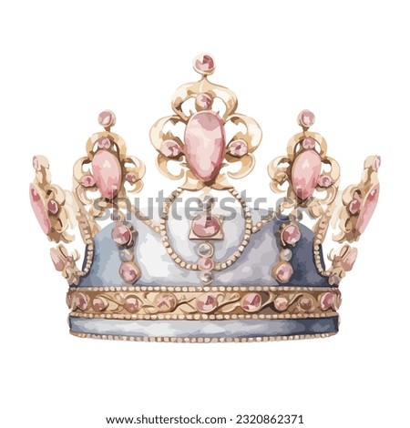 queen crown in gold and pink diamond in watercolor illustration