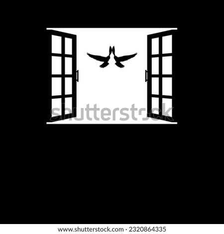 Silhouette of the Flying Bird of Prey, Falcon or Hawk on the Window. Vector Illustration