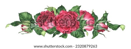 Border of pink roses. Watercolor botanical illustration. Long hand drawn composition of red flowers and leaves. Isolated on white background clip art. Design wedding invitations, greeting cards