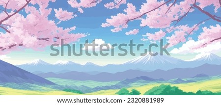sunny spring landscape with blossoming tree on the hill. Rose petals fly from sakura. Fluffy cartoon clouds on a clear sky. Gardens and mountains in the background. Vector illustration in anime style