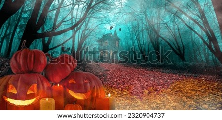 Halloween party. Carved pumpkin lantern jack among candles and night lights in the woods near the witch's house. Festive layout with copy space background for design cards, posters, invitations Royalty-Free Stock Photo #2320904737