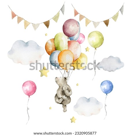Watercolor baby birthday party set Hand painted clouds, air balloons, cute little bear, stars, garland. Isolated on white background Illustration for baby shower invite, card design, nursery decor