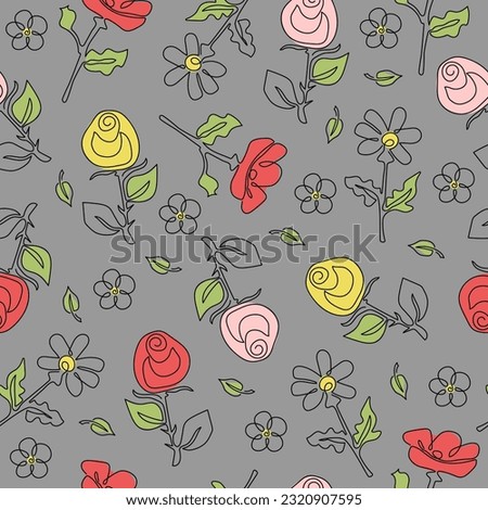 Flower pattern Rose, Poppy, Chamomile. Flower line art. outline drawing, sketch. Seamless pattern. Collection vegetable, floral, abstract. Vector illustration on isolated background.