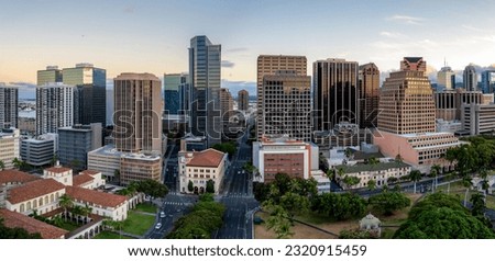 Downtown Honolulu and its financial district at sunrise Royalty-Free Stock Photo #2320915459