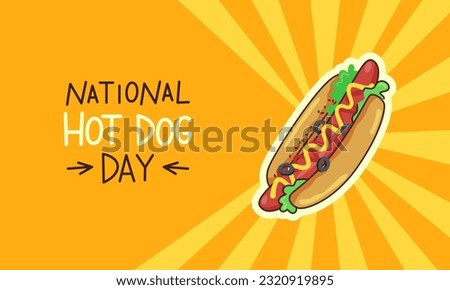 National Hot Dog Day. Banner with an inscription and a hot dog. Vector cartoon illustration with stroke