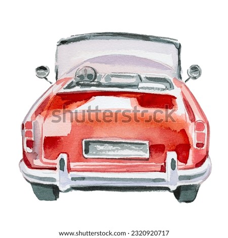 Retro red car design. Watercolor hand painted old automobile illustration. Vintage vehicle themed clipart.