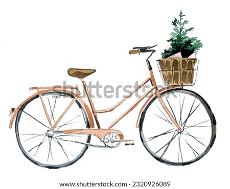 Beautiful hand painted Christmas design. Bicycle with Christmas tree vintage illustration isolated on white background. Winter clipart for cards, invitations,posters,prints.