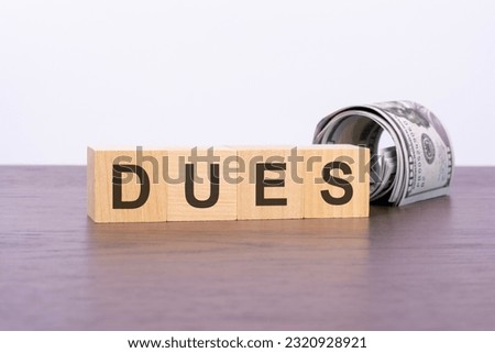 the word dues on wood blocks and banknotes on the dark background, business and finance concept