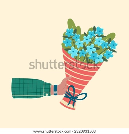 	
Bouquet of flowers in hands. Illustration of hand holding flowers. Design element for greeting card, invitation, print, sticker. Illustration for birthday, mother's day, valentine's and woman's day
