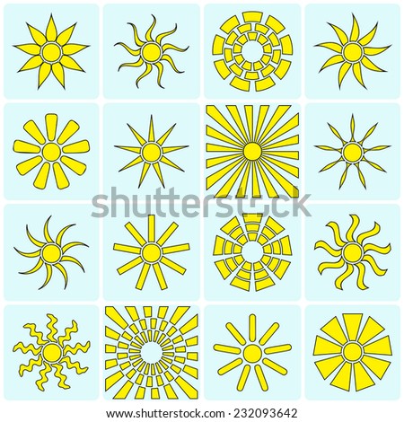 Yellow sun icons collection. Vector illustration. Different forms of sun