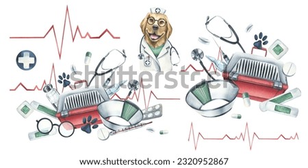 Veterinary set with doctor dog, pet carrier, medicines. Watercolor illustration, hand drawn. Isolated objects on a white background, for the design of clinics, hospitals, pharmacies, medicines.