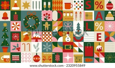 Christmas symbols. Merry Christmas. Christmas abstract geometric background with simple shapes, Santa Claus, celebration symbol, holiday food. Creative modern art. Bauhaus style Merry Christmas poster