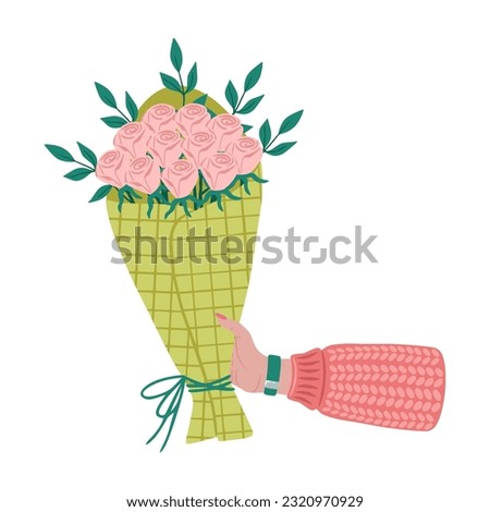 Bouquet of flowers in hands. Illustration of hand holding flowers. Design element for greeting card, invitation, print, sticker. Illustration for birthday, mother's day, valentine's and woman's day.