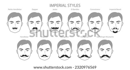 Set of Imperial Beard and mustache with name text style men face illustration Facial hair. Vector black grey portrait male Fashion template flat barber collection. Stylish hairstyle isolated outline