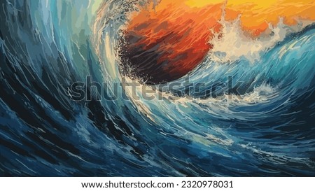 Big wave in a raging sea. A strong storm in the ocean. Big waves. Blue tones. The power of raging nature. Seascape, artwork. Vector illustration design Royalty-Free Stock Photo #2320978031