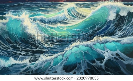 Big wave in a raging sea. A strong storm in the ocean. Big waves. Blue tones. The power of raging nature. Seascape, artwork. Vector illustration design Royalty-Free Stock Photo #2320978035