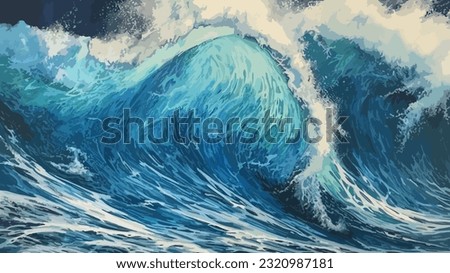 Big wave in a raging sea. A strong storm in the ocean. Big waves. Blue tones. The power of raging nature. Seascape, artwork. Vector illustration design Royalty-Free Stock Photo #2320987181