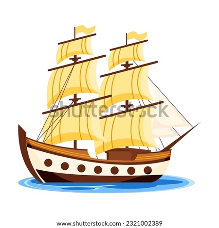 Stylized cartoon classic ship illustration, Old ship with white sales, sailing in the sea