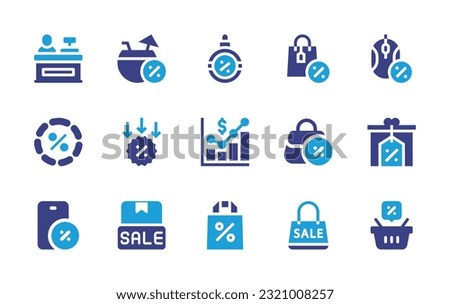 Sales icon set. Duotone color. Vector illustration. Containing cashier, coconut drink, sales, discount, computer mouse, discount badge, promo, graphics, hand bag, smartphone, sale, shopping bag.