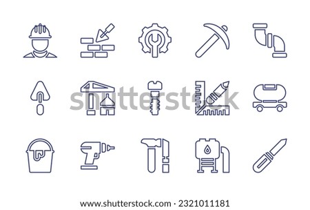 Construction line icon set. Editable stroke. Vector illustration. Containing construction and tools, trowel, maintenance, pickaxe, plumbing, under construction, bolt, measure, tanker, bucket, drill.