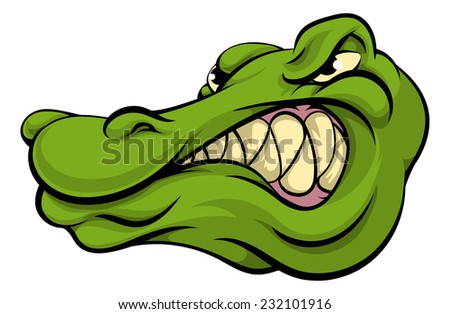 A crocodile or alligator cartoon character sports mascot head