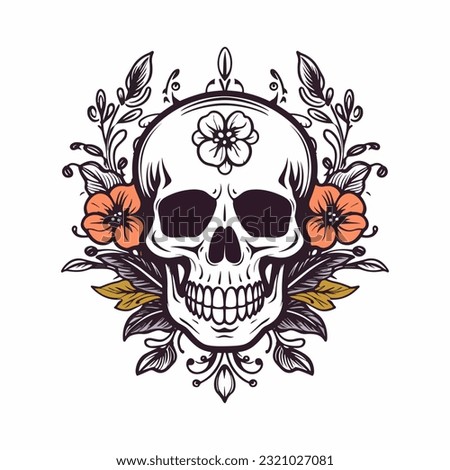 An intricately designed skull head with flower decoration vector clip art illustration, juxtaposing beauty and mortality, ideal for tattoo artists and edgy branding