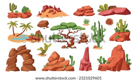 Desert landscape. Vector illustration. Desert landscape elements set on white. Desert area, sand terrain of Africa, Sahara, or Arizona nature. Cactus, oasis, sand stone, mountains, cacti, rocks, trees Royalty-Free Stock Photo #2321029601