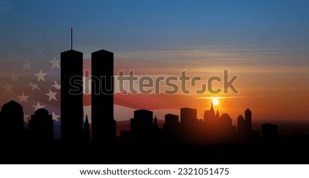 New York skyline silhouette with Twin Towers and USA flag at sunset. 09.11.2001 American Patriot Day banner. Royalty-Free Stock Photo #2321051475