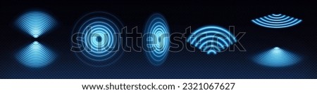 3d wifi wave light effect. Abstract scan radar sensor sound signal technology digital sign. Transparent neon circle symbol for wireless monitoring and protection. Blue electric frequency ring glow Royalty-Free Stock Photo #2321067627