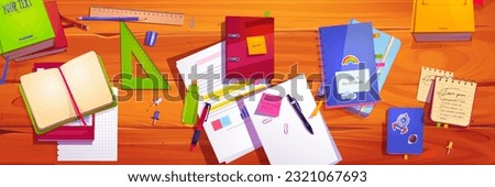 Top view of workplace for studying. Vector cartoon illustration of old wooden desk, papers, sticky notes, rulers, pencils, textbooks and notebooks with blank pages. Education workspace at home