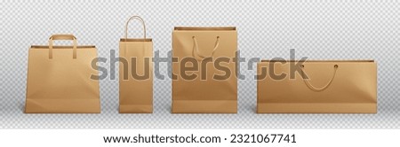 Craft brown paper bag and handle vector mockup. Shopping package mock up to carry food front view icon merchandising design collection. 3d retail reusable branding merchandise illustration Royalty-Free Stock Photo #2321067741