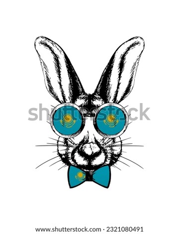 Easter bunny hand drawn portrait. Patriotic sublimation in colors of national flag on white background. Kazakhstan