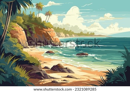 The tropical landscape of coast beautiful sea shore beach on good sunny day flat vector art illustration background Royalty-Free Stock Photo #2321089285