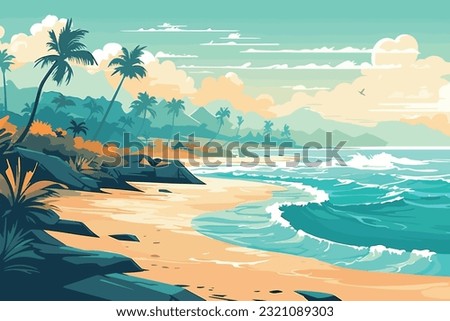The tropical landscape of coast beautiful sea shore beach on good sunny day flat vector art illustration background Royalty-Free Stock Photo #2321089303