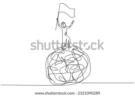 Single continuous line drawing of young Arabian businessman standing on giant tangled circle. Raising flag on his hand. Businessman who manage to get out of anxiety of mind. One line design vector