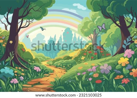 Spring landscape of forest with trees grass nature valley park with meadow and flowers field in spring with rainbow cartoon vector art illustration background