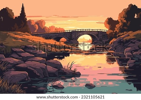 Small stone bridge over the calm river at sunset time vector art illustration background
