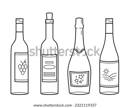 Set of wine bottles. Collection of different shaped bottle of drink. Hand drawn sketch icon for bar or restaurant menu design. Isolated vector illustration in doodle line style.