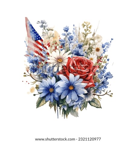 American flag with spring flowers. USA independence day. 4th of July. watercolor vector for sublimation, tshirt, mug, pillow, tumbler, print