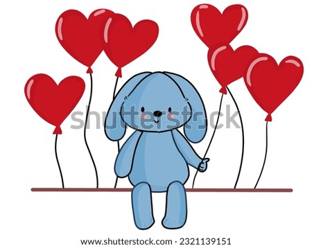cartoon blue bear sitting around red balloons on valentines day.
