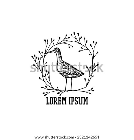 Vector card with hand drawn cute Spotted redshank in graceful floral wreath. Ink drawing, decorative graphic style. Beautiful animal design elements, perfect for logo design